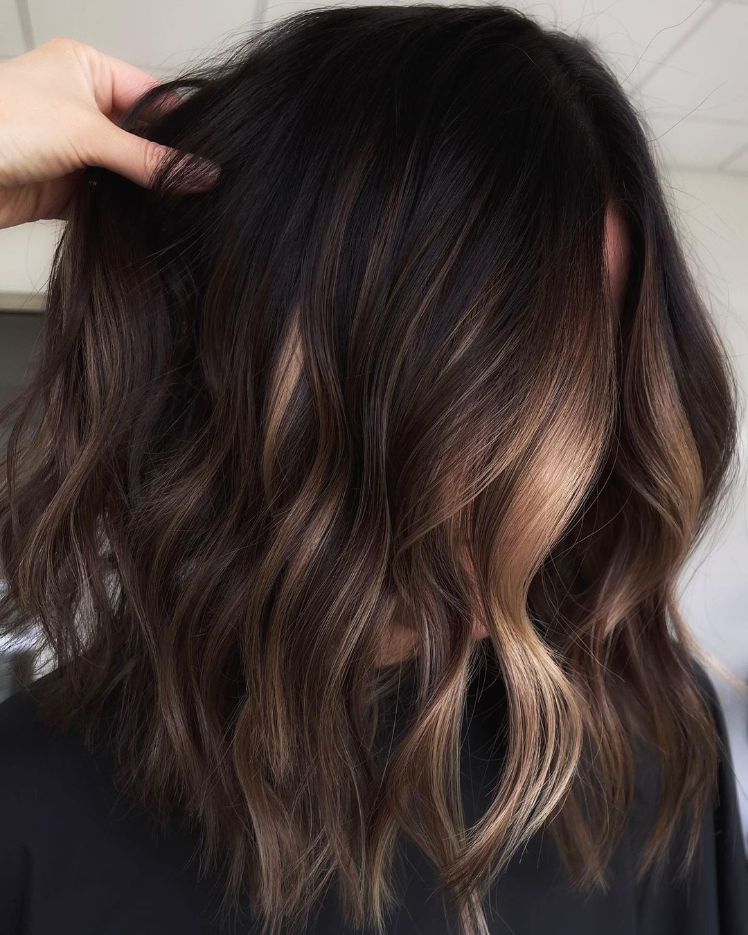 Brunette Lob with Blonde Accents