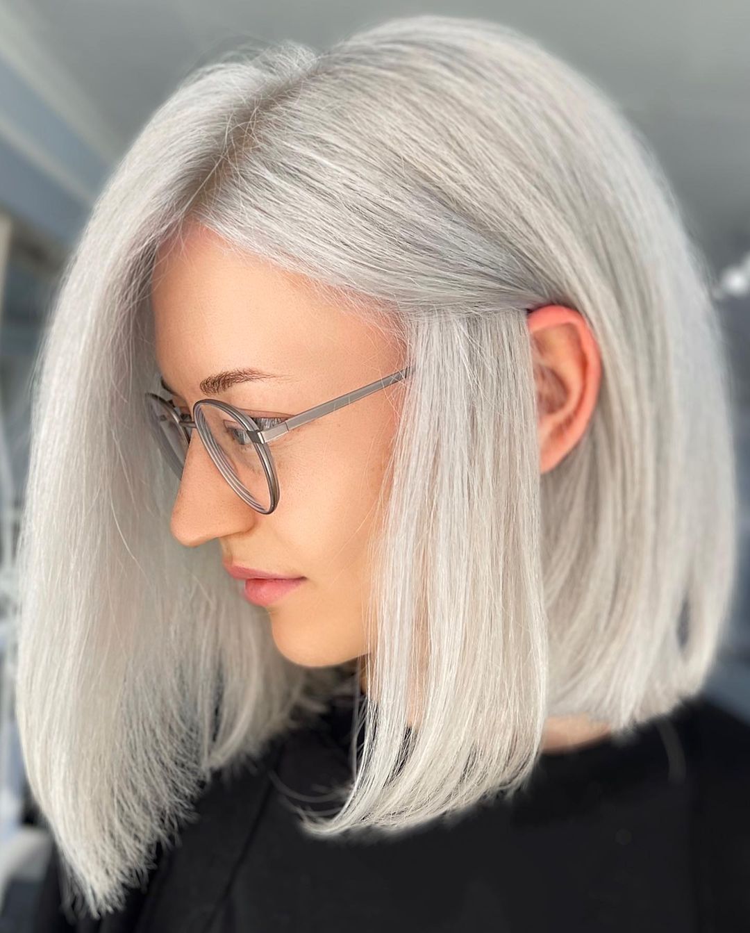 Delicate White Blonde Lob with Glasses