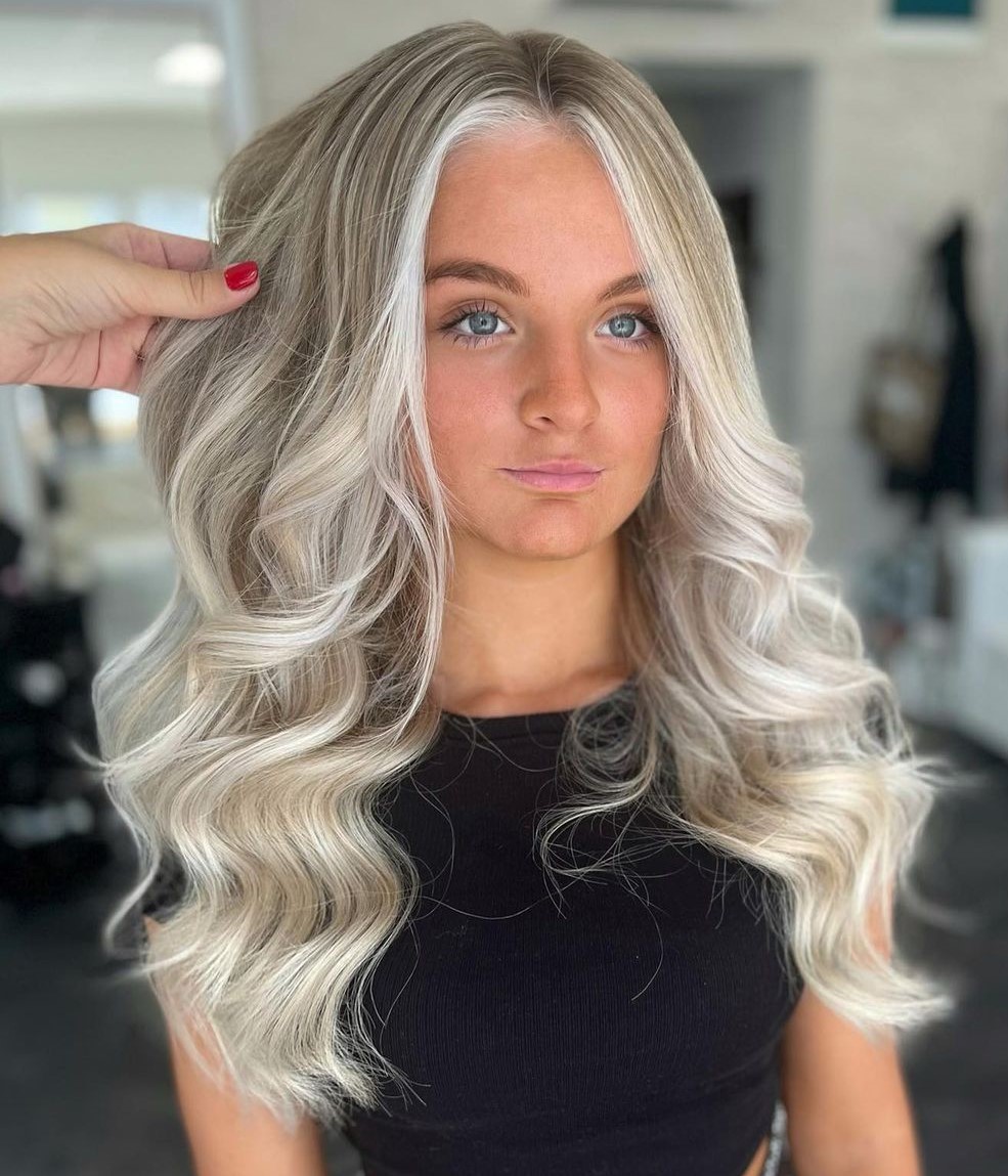 Delicate Ash Blonde Waves with White Money Piece